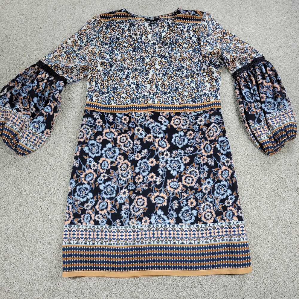 MSK Womens Dress Medium Blue Floral V-neck Baloon Sleeve Lace Trim Shift Midi